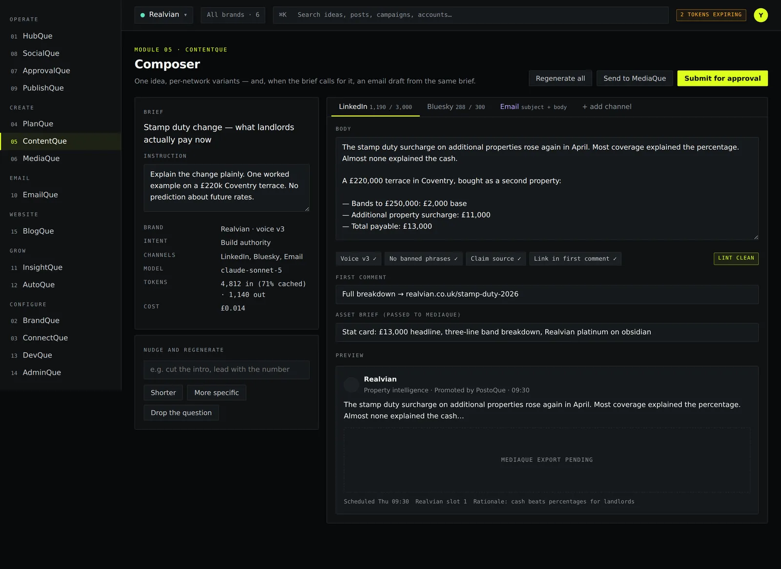 PostoQue ContentQue composer showing an AI-drafted LinkedIn post with brand voice checks and a live preview